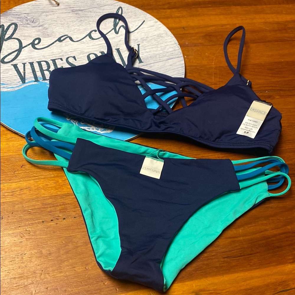 l*space Navy and Teal Strappy Bikini Set
